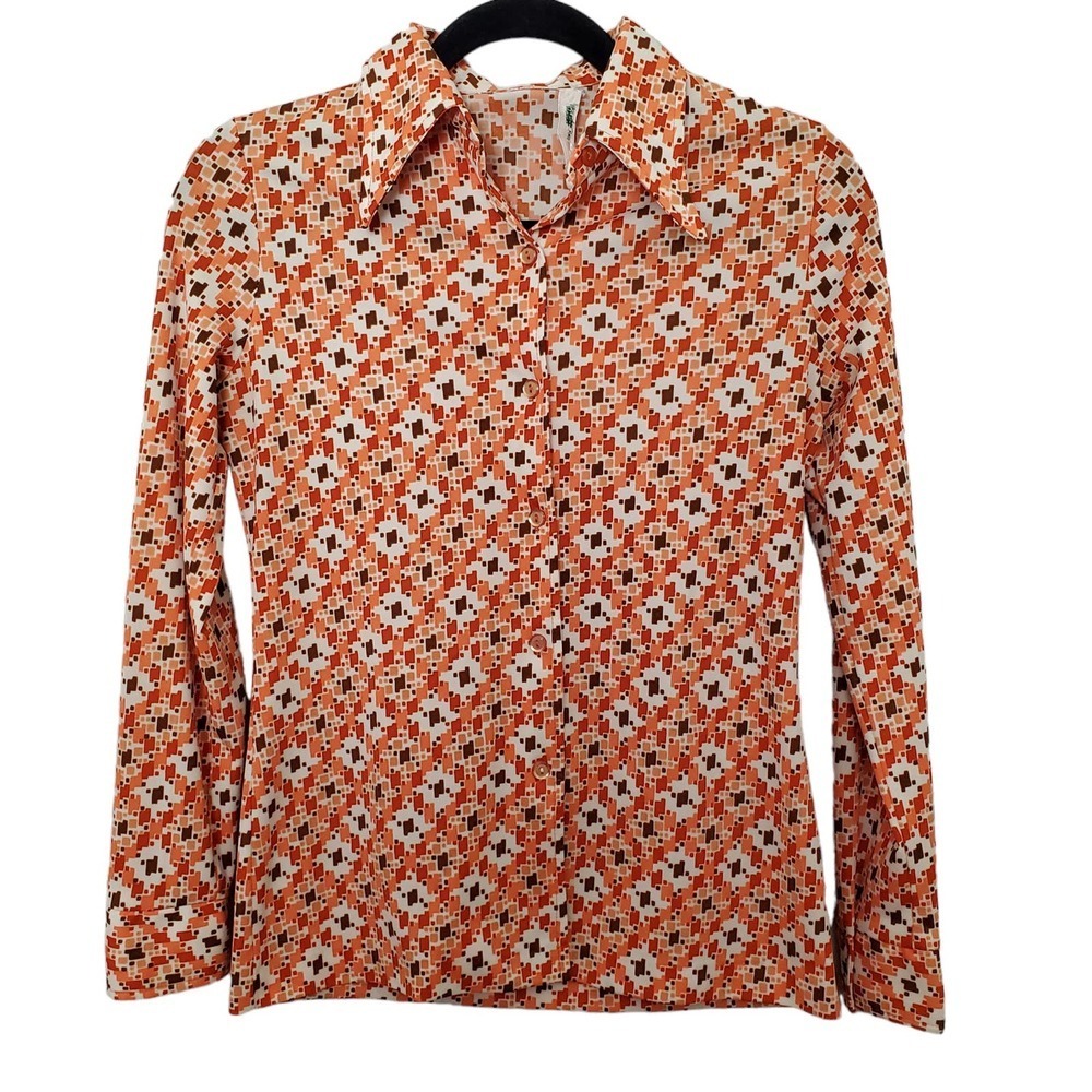 Vintage 1970s Orange & Brown Polyester Shirt Alex Colman Small Geometric Design